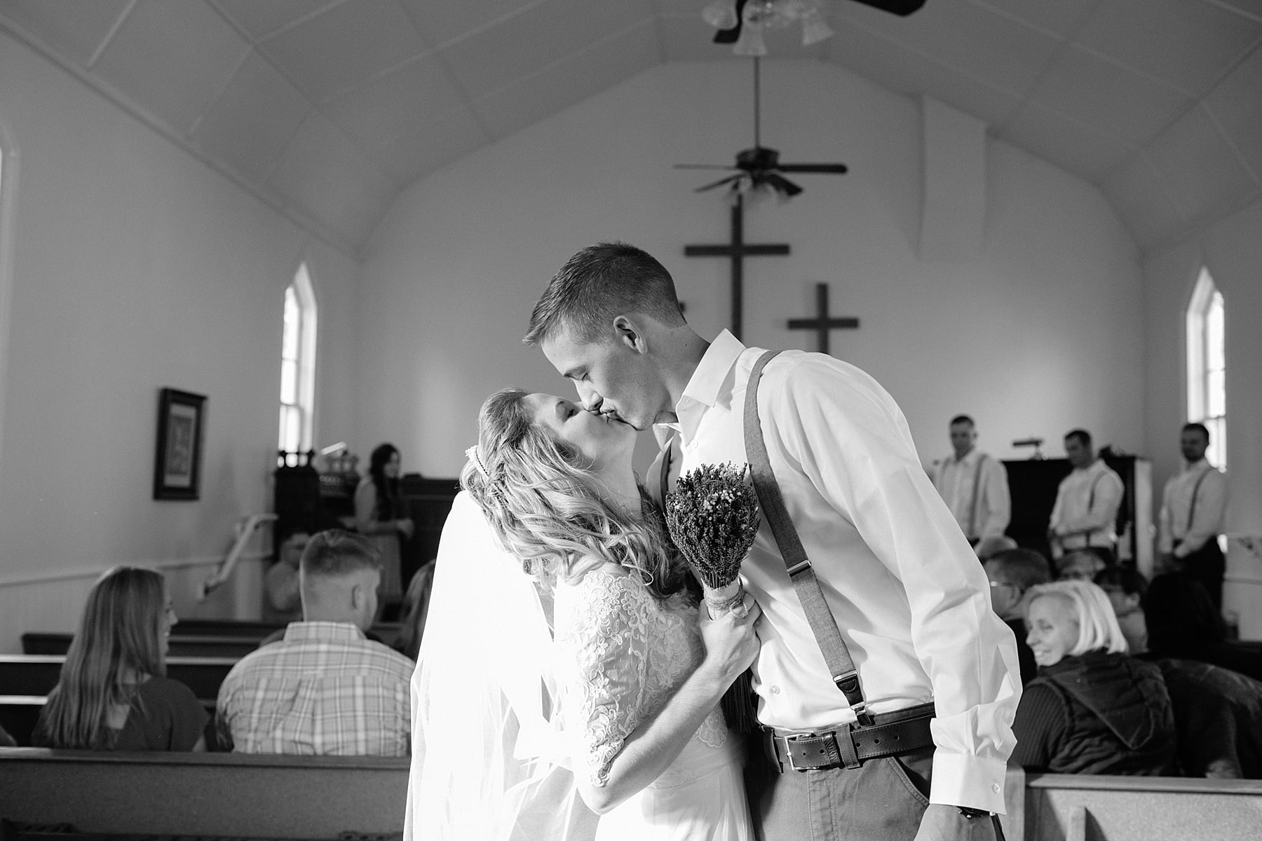 bride, groom, kiss, kissing, church, wedding