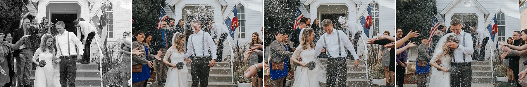 bride & groom exit, fake snow