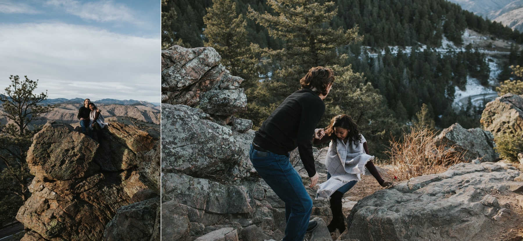 golden engagement photography, golden engagement photographer, lookout mountain engagement, texans in colorado, winter engagement, golden winter engagement, laughter during engagement session, candid engagement photos