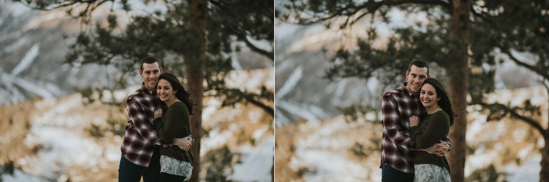  candid engagement photos, diamond engagement ring, engageed engineers, golden engagement photographer, golden engagement photography, golden winter engagement, laughter during engagement session, lookout mountain engagement, round engagement ring, texans in colorado, winter engagement