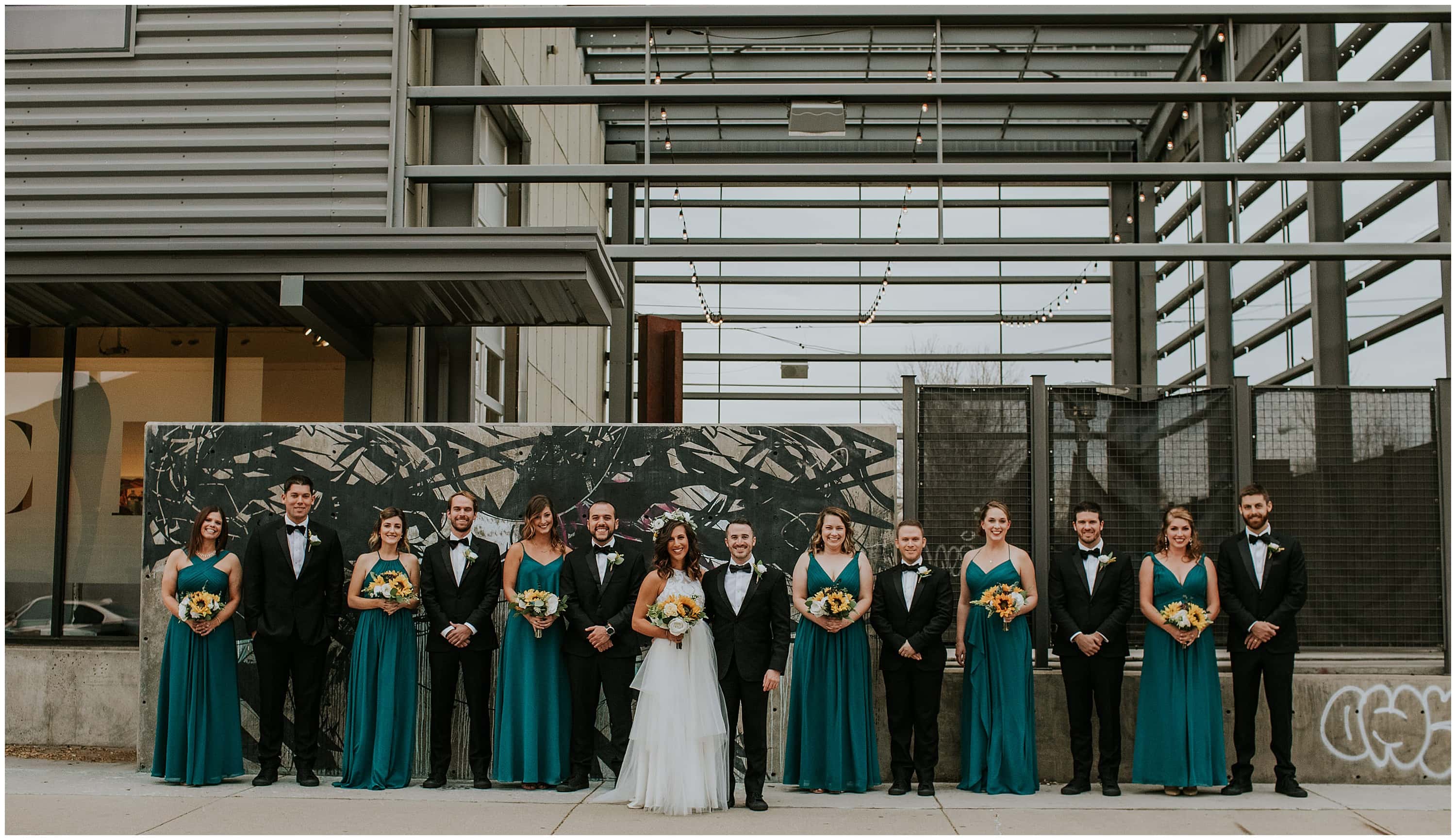 Space Gallery Denver, Space Gallery wedding, Denver Fall wedding, Fall Space Gallery wedding, Downtown Denver wedding, Dance party wedding, Sunflower crown, fake wedding flowers, shanna m. photography, teal bridesmaids dresses, Mariachi band, mens tux, glowstick exit, art gallery wedding, 