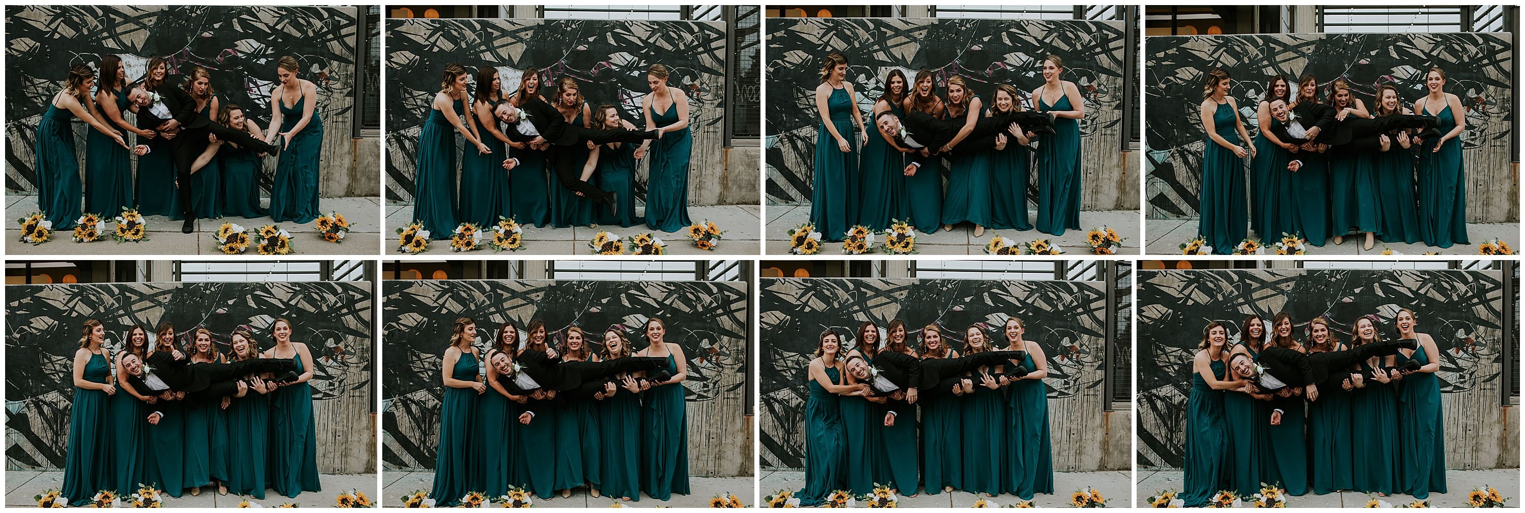 Space Gallery Denver, Space Gallery wedding, Denver Fall wedding, Fall Space Gallery wedding, Downtown Denver wedding, Dance party wedding, Sunflower crown, fake wedding flowers, shanna m. photography, teal bridesmaids dresses, Mariachi band, mens tux, glowstick exit, art gallery wedding, 